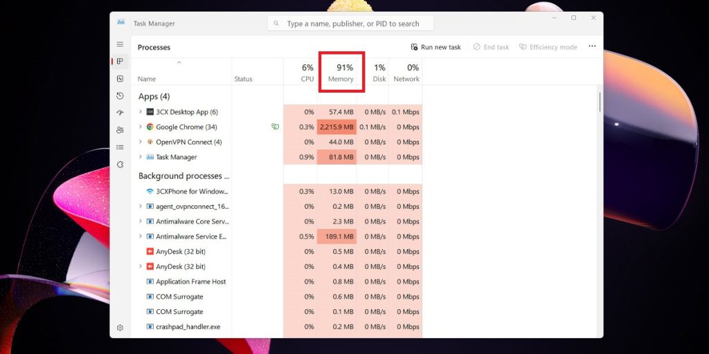 نمایش رم در task manager